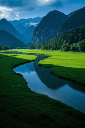 Pastoral scenery with green mountains and green watersの素材