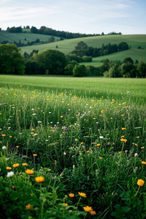 Green meadows with wildflowers in the countrysideの素材
