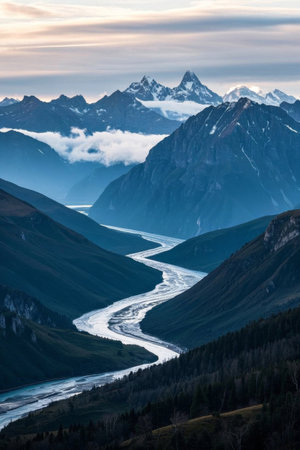 Mountain rivers and snow capped mountainsの素材