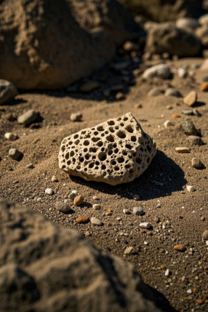 Close up of the rock holes in the beachの素材