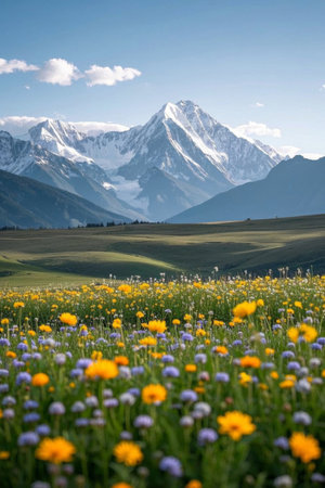 Colorful wildflowers blooming in the fields under the snow capped mountainsの素材
