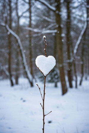 Heart shaped snow landscape on snow branchesの素材