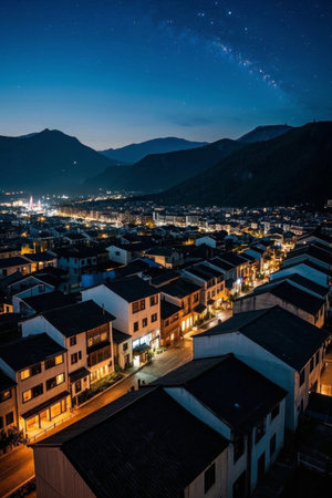 Architectural landscape under the night sky of the mountain townの素材