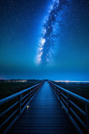 Gazing up at the night sky from the wooden boardwalkの素材