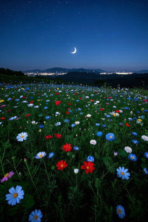 Colorful sea of flowers scenery on moonlit nightの素材