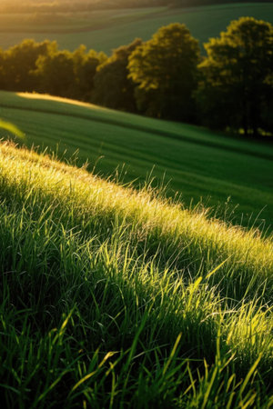 Green fields and woods at sunsetの素材