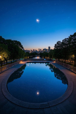 Reflections of cityscapes and pools under a moonlit nightの素材