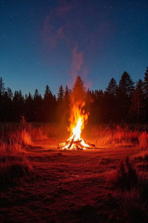 Bonfire scene under the wild skyの素材
