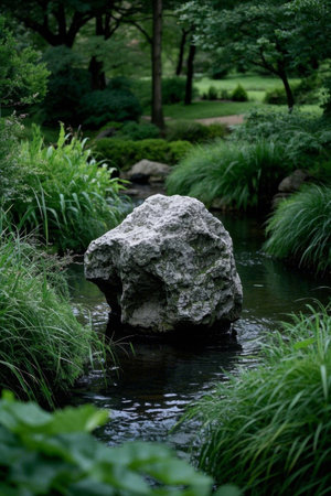 Natural landscape of boulders and greenery by the streamの素材