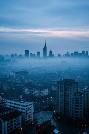 Long term view of high rise buildings in the fogの素材