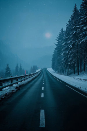 Empty roads in the snowy forestの素材