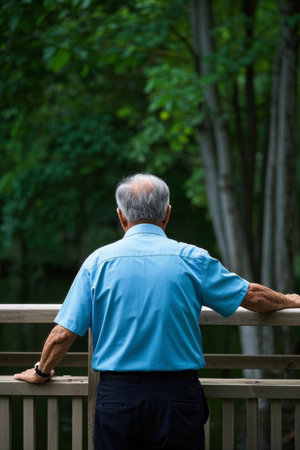 Elderly people enjoy the natural scenery outdoors from the railingの素材