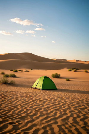 Green camping tent in the desertの素材