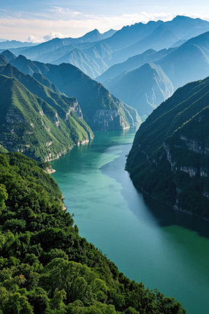 Panoramic view of natural scenery with mountains and riversの素材