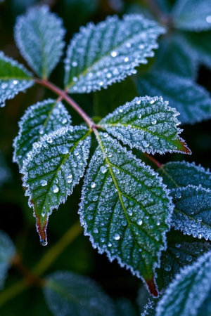 Close up of frosted green leavesの素材