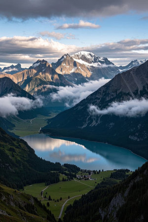 Panoramic view of mountain lakes and snow capped mountainsの素材