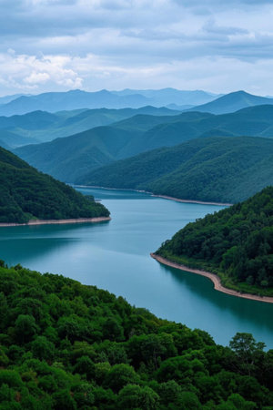 Natural scenery of lakes surrounded by green mountainsの素材