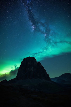 Peaks and Milky Way landscapes under the night skyの素材
