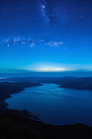 Beautiful view of the Milky Way under the night sky by the lakeの素材