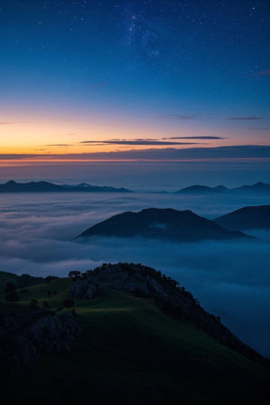 Night view of mountain sea of clouds and starry skyの素材