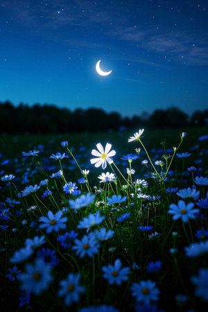 Flower fields on moonlit nightの素材