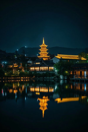 Ancient buildings by the lake at nightの素材