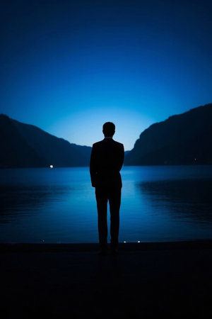 Man standing alone in the night by the lakeの素材