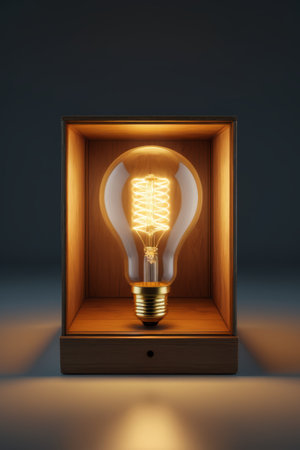 Glowing vintage light bulb in wooden boxの素材