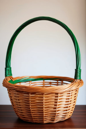 Willow basket on wooden tabletopの素材