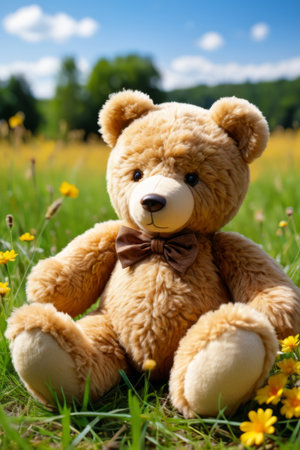 Brown teddy bear doll on the grassの素材