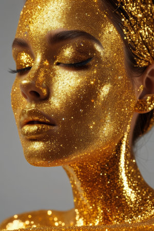 Close up of a woman's face painted with gold glitterの素材