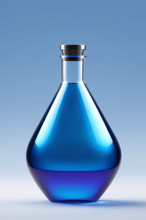 Close up of blue liquid glass bottleの素材