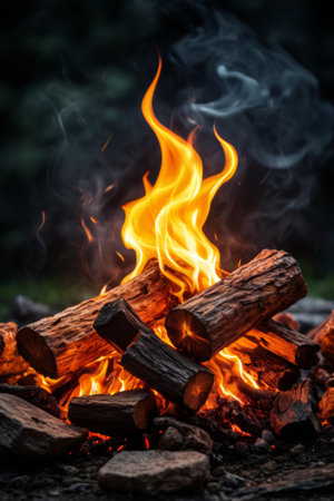 Close up of a burning campfire outdoorsの素材