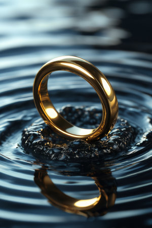 Close up of the golden ring in the waterの素材