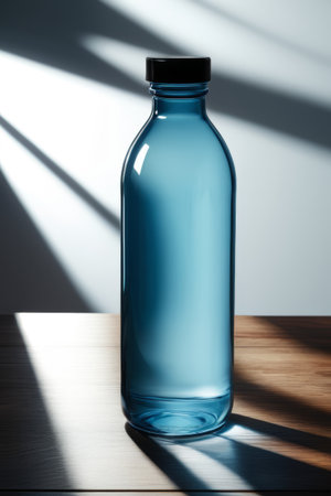 Blue glass bottle on wooden tableの素材