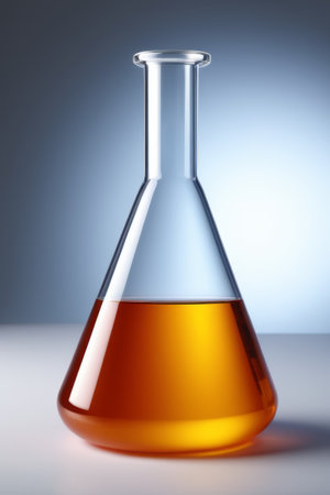 Orange liquid in a laboratory glass flaskの素材
