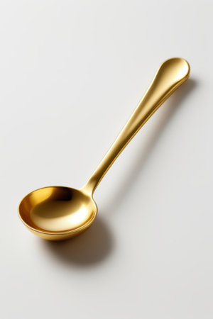Close up of a gold metal spoonの素材