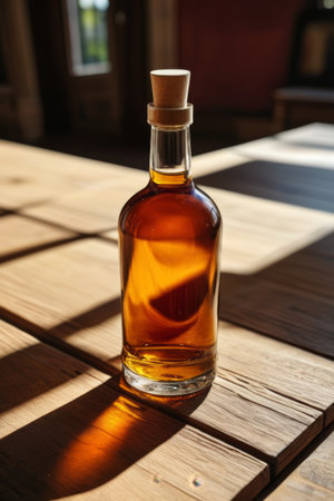 Bottled alcoholic drinks on wooden tablesの素材