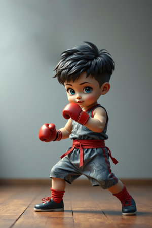 Cartoon boy wearing boxing gloves ready to punchの素材
