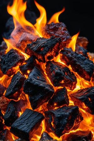 Close up of burning charcoal fireの素材