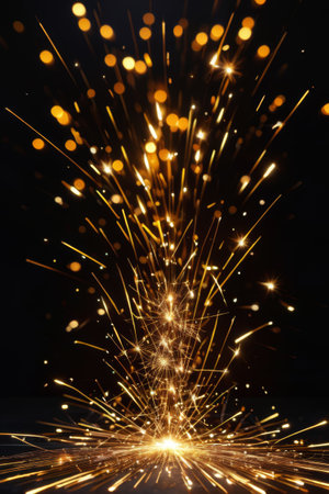 Gold sparks flashing against a black backgroundの素材