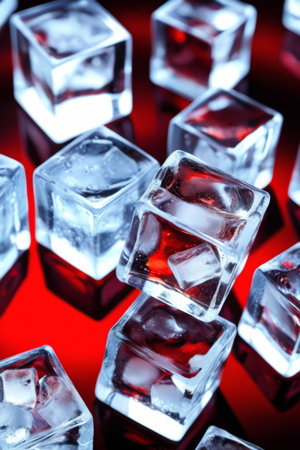 Clear ice cubes on red backgroundの素材