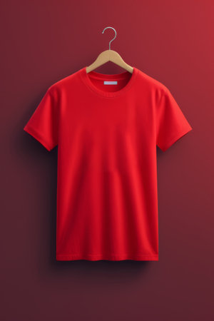 Red short sleeved T shirt hanging on the hangerの素材