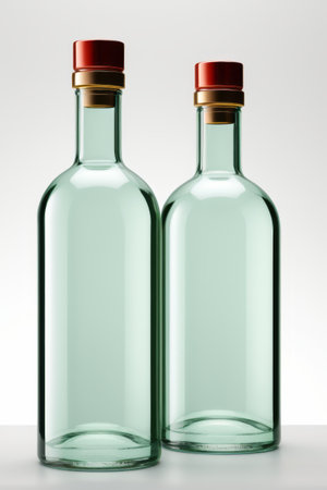 Two glass wine bottles with red capsの素材