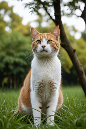 Orange and white cat sitting in the grassの素材