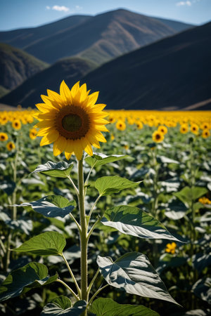 Sunflower fields and distant mountain sceneryの素材