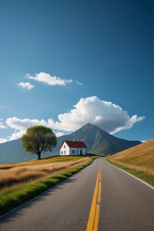 Houses along the rural road and distant mountain sceneryの素材