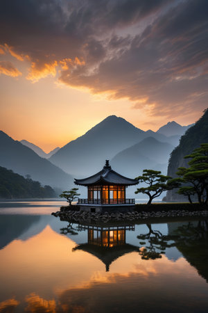 Sunrise view of the ancient pavilion by the mountains and riversの素材