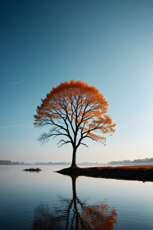 Autumn scenery of a lone tree by the lakeの素材