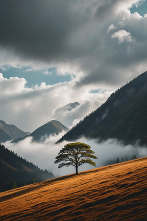 Lonely trees and misty natural scenery in the mountainsの素材